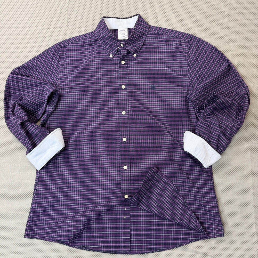 Brooks Brothers Shirt Mens L Purple Plaid Regent Stretch Oxford Flip Cuff OCBD